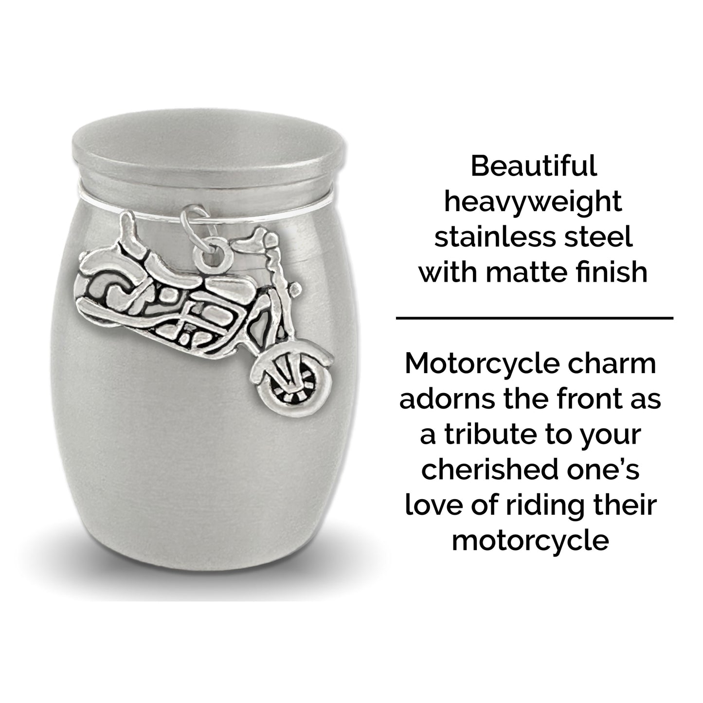 Small Mini Motorcycle Biker Keepsake Memorial Cremains Holder Container Jar Vial Brushed Stainless Steel Cremation Funeral Urn