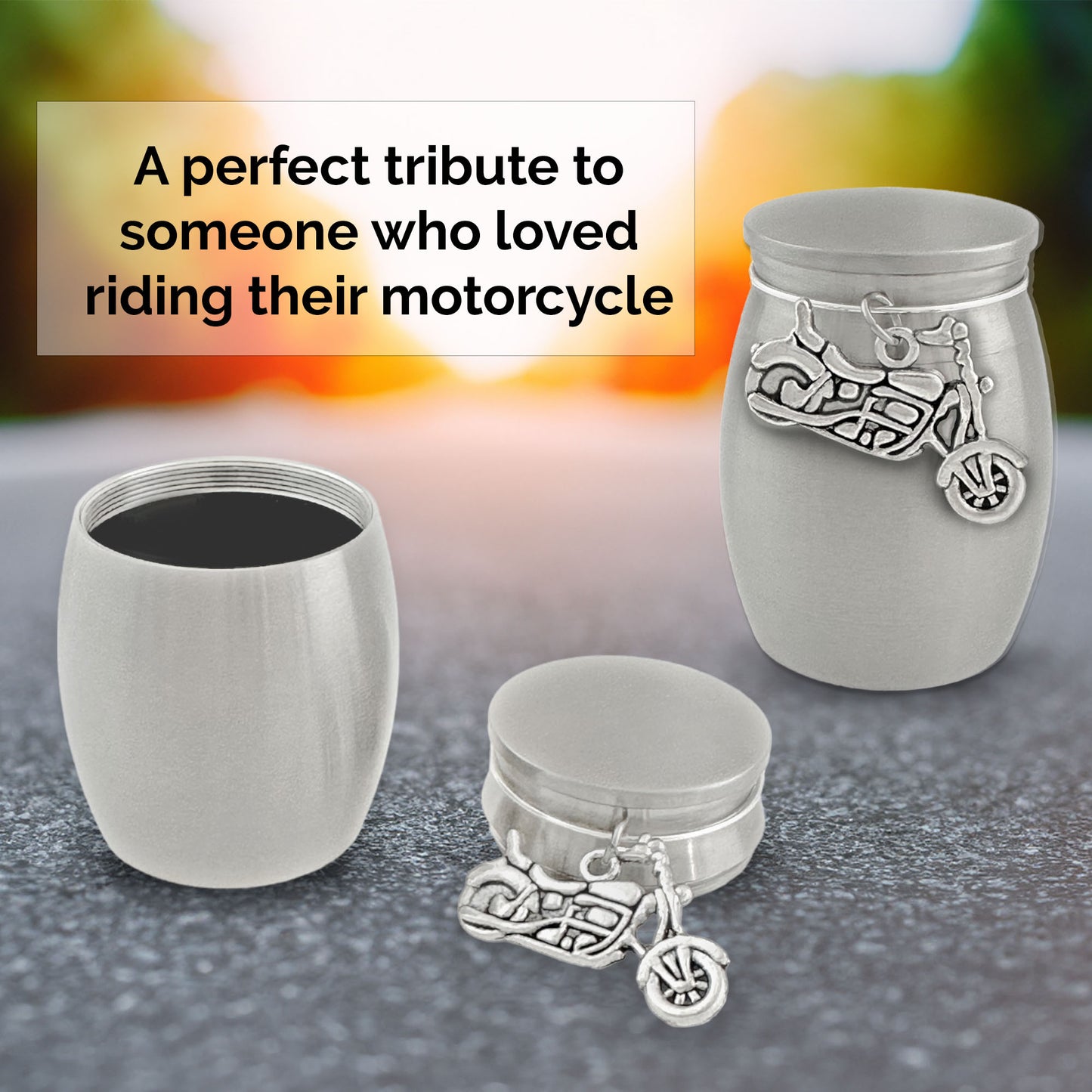 Small Mini Motorcycle Biker Keepsake Memorial Cremains Holder Container Jar Vial Brushed Stainless Steel Cremation Funeral Urn