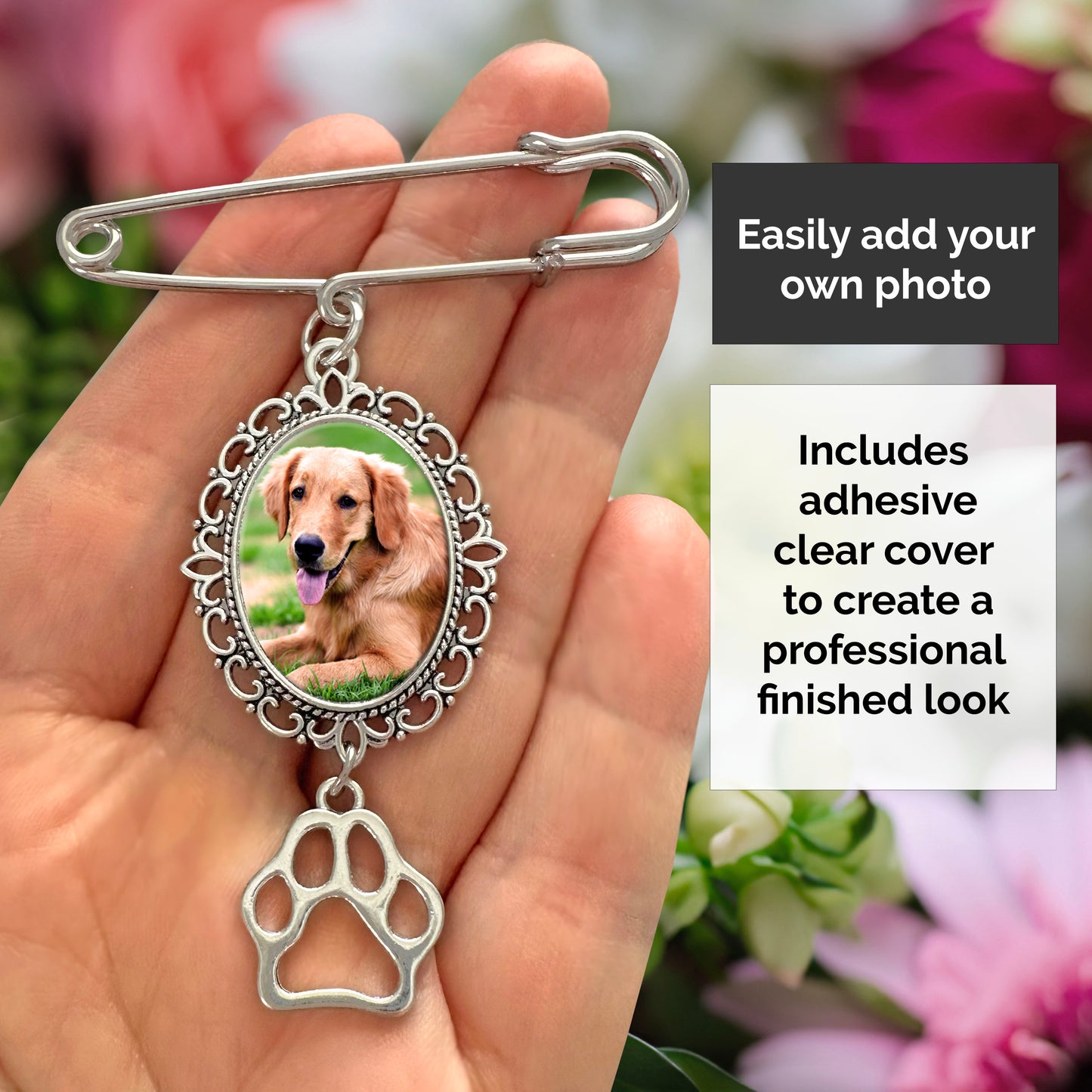 Silver brooch with a photo of a dog held in a hand, with text about photo customization.