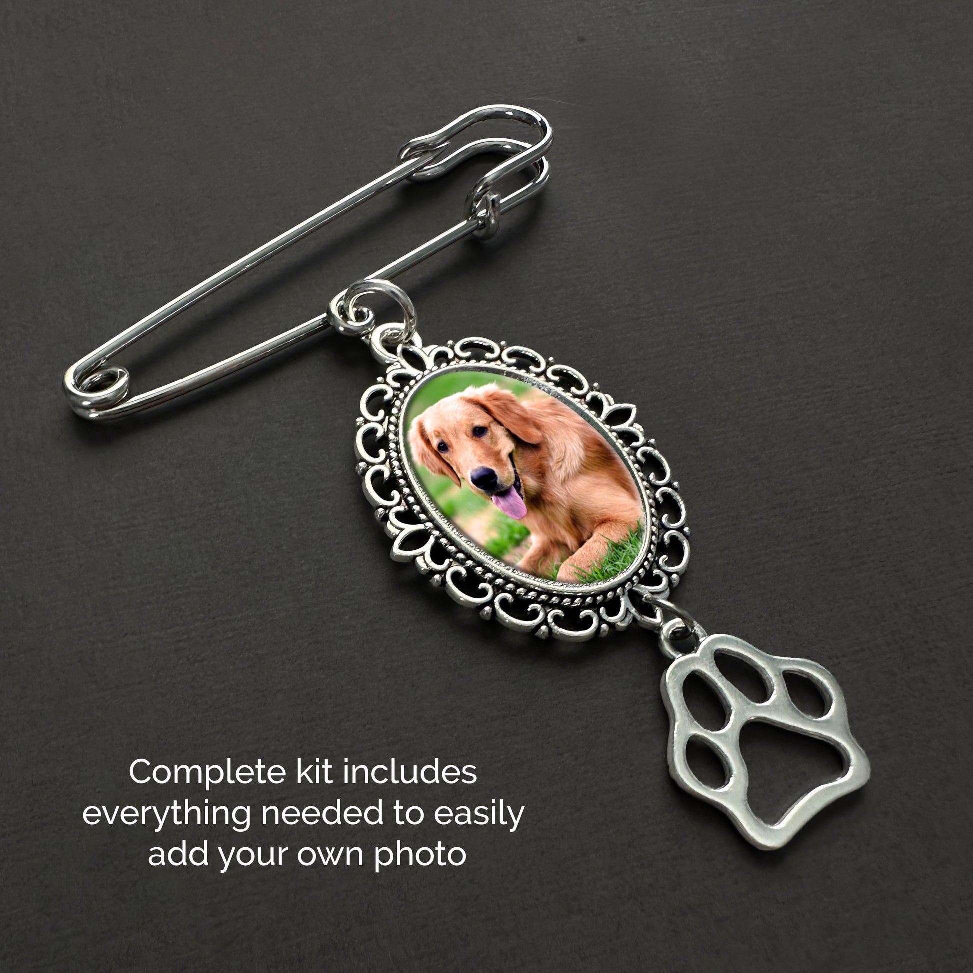 Brooch with a photo of a dog on a dark background