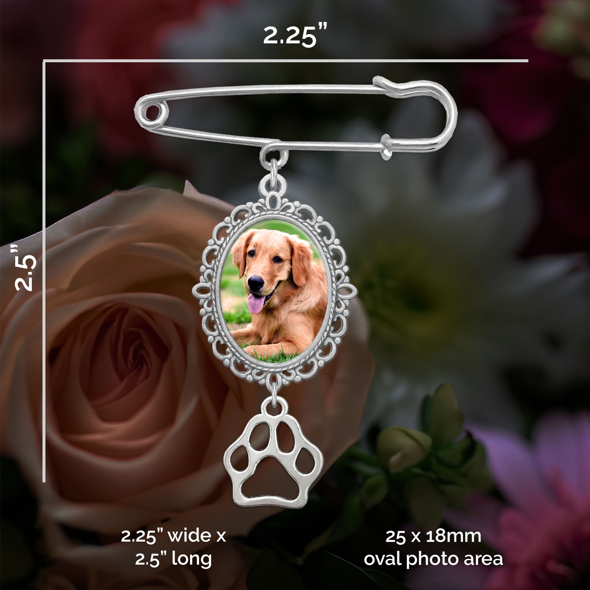 Dog-themed brooch with oval photo area and paw charm, set against a floral background.
