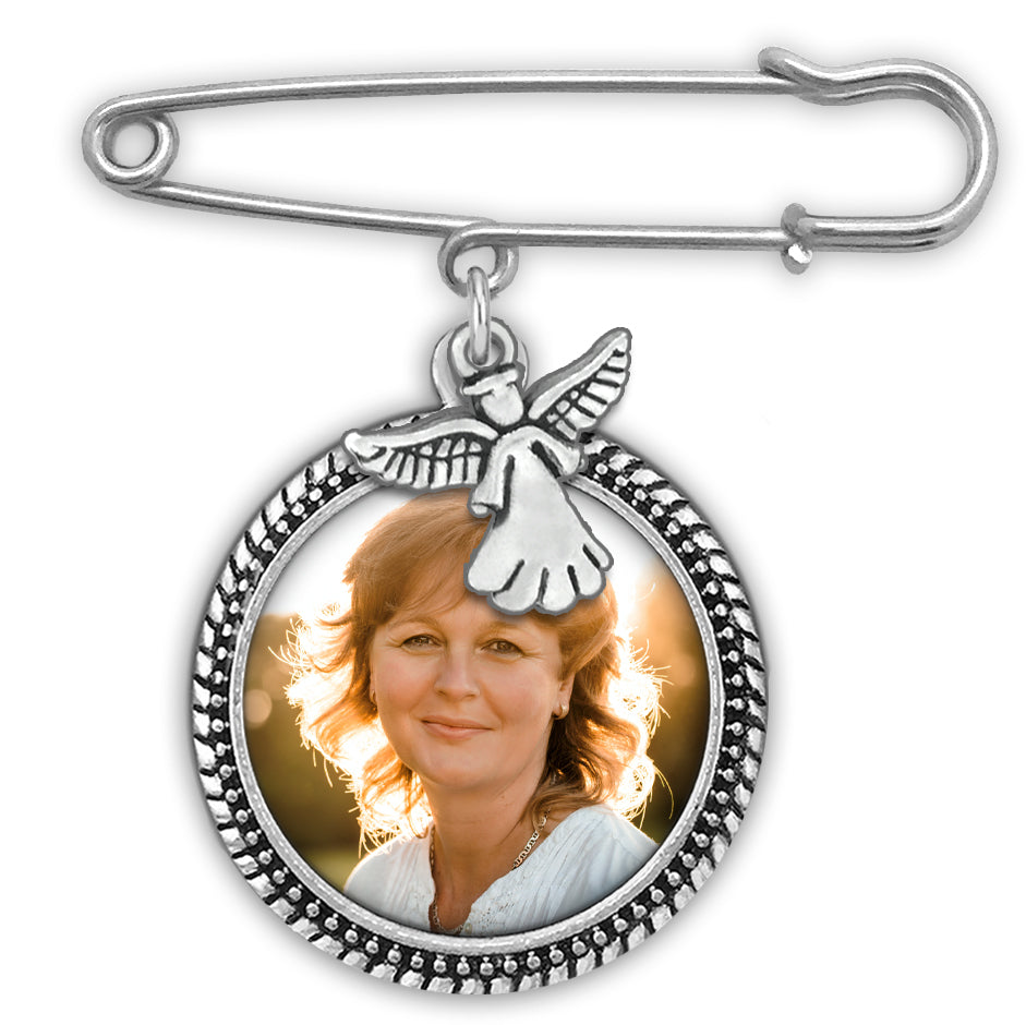 Memorial photo charm for adding to a wedding bouquet. Photo frame to add your own photo and pin on top for attaching to bouquet. Metal angel charm to represent a missed loved one. 