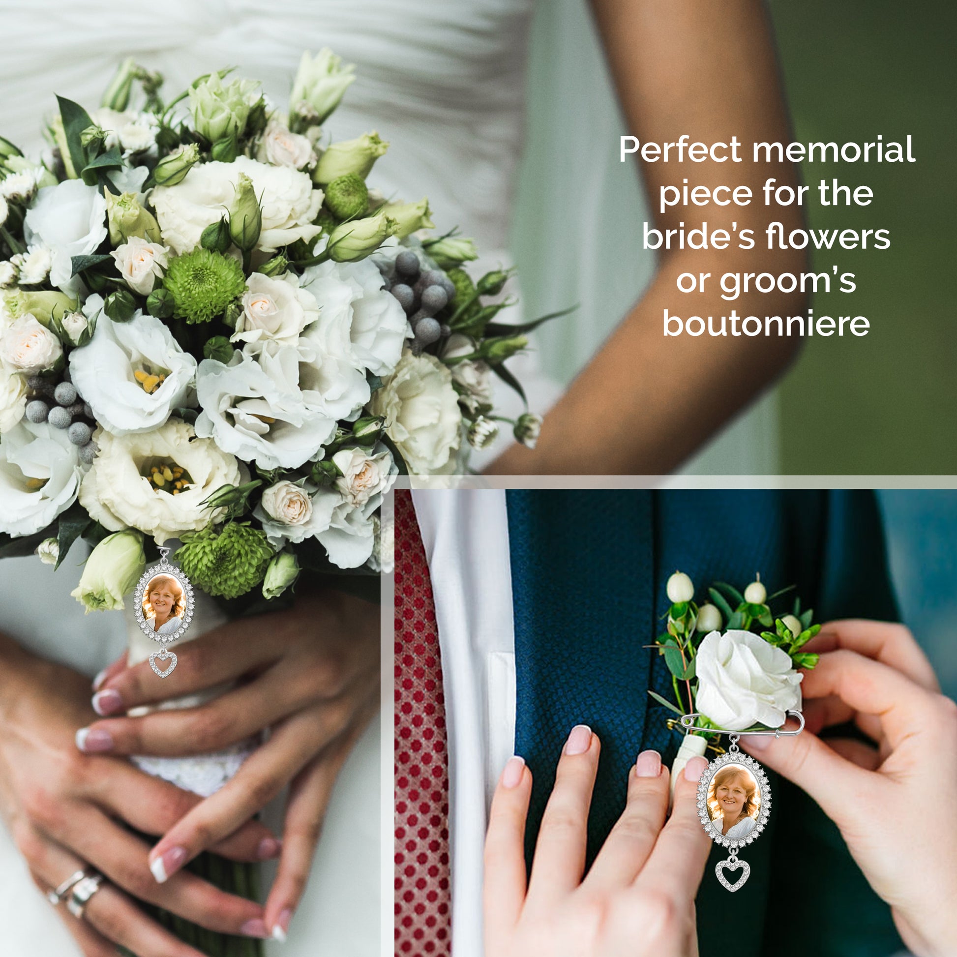 A bridal accessory display collage showing a white floral bouquet with a dangling oval wedding memorial photo pendant, hands holding the bouquet, and a matching white flower boutonniere being pinned to a navy suit jacket. Text on the right reads, 'Perfect memorial piece for the bride's flowers or groom's boutonniere.