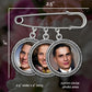 Chart showing measurements of wedding photo pin with 3 photo frames. The measurements read 2.5" wide x 2" long with a 25mm circle photo area.