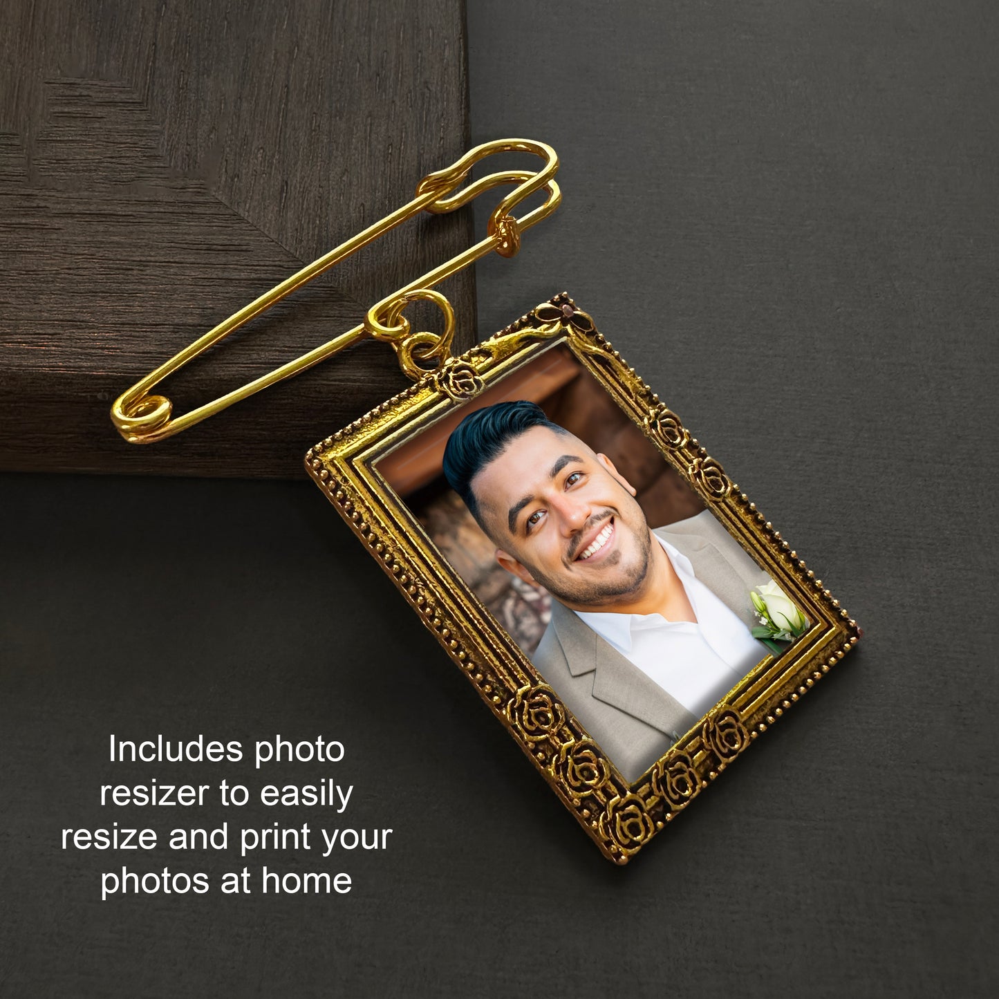 Gold-framed photo with a safety pin on a dark surface, featuring text about photo resizing.