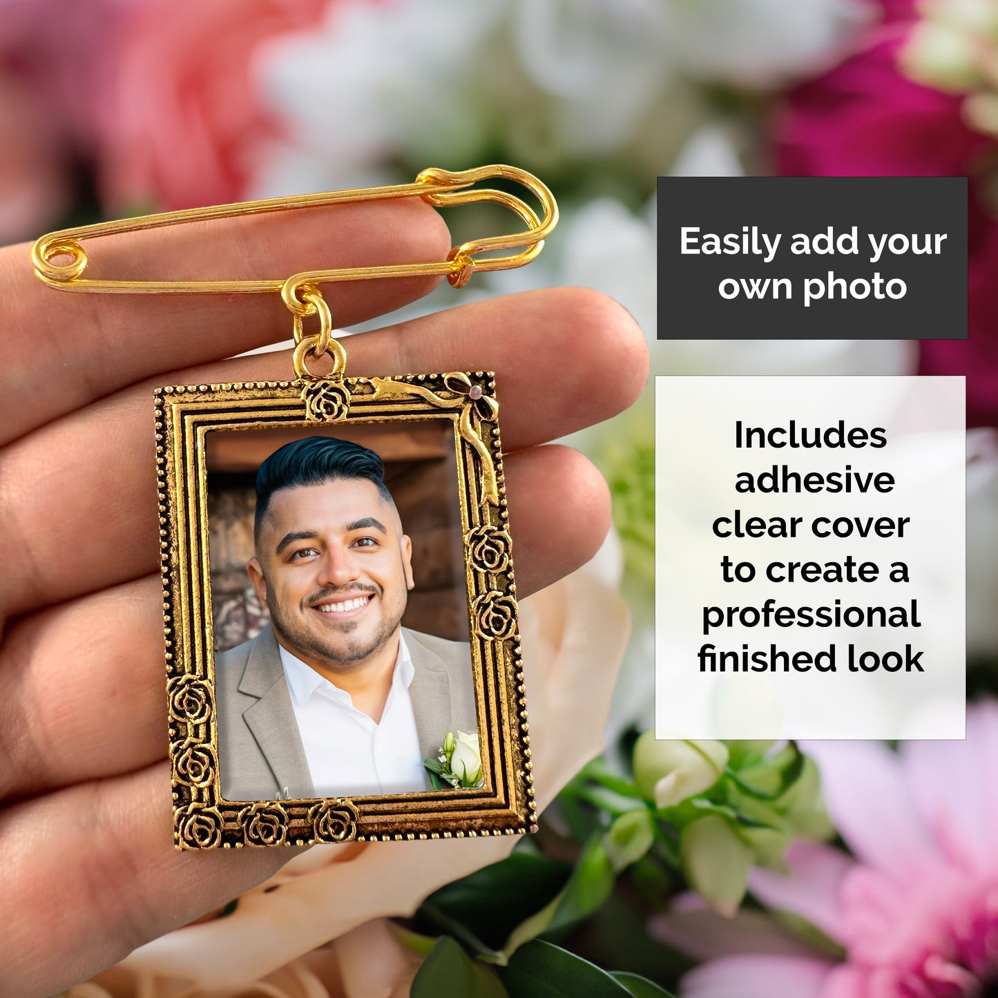 Gold photo frame with a man's portrait held by a hand against a floral background