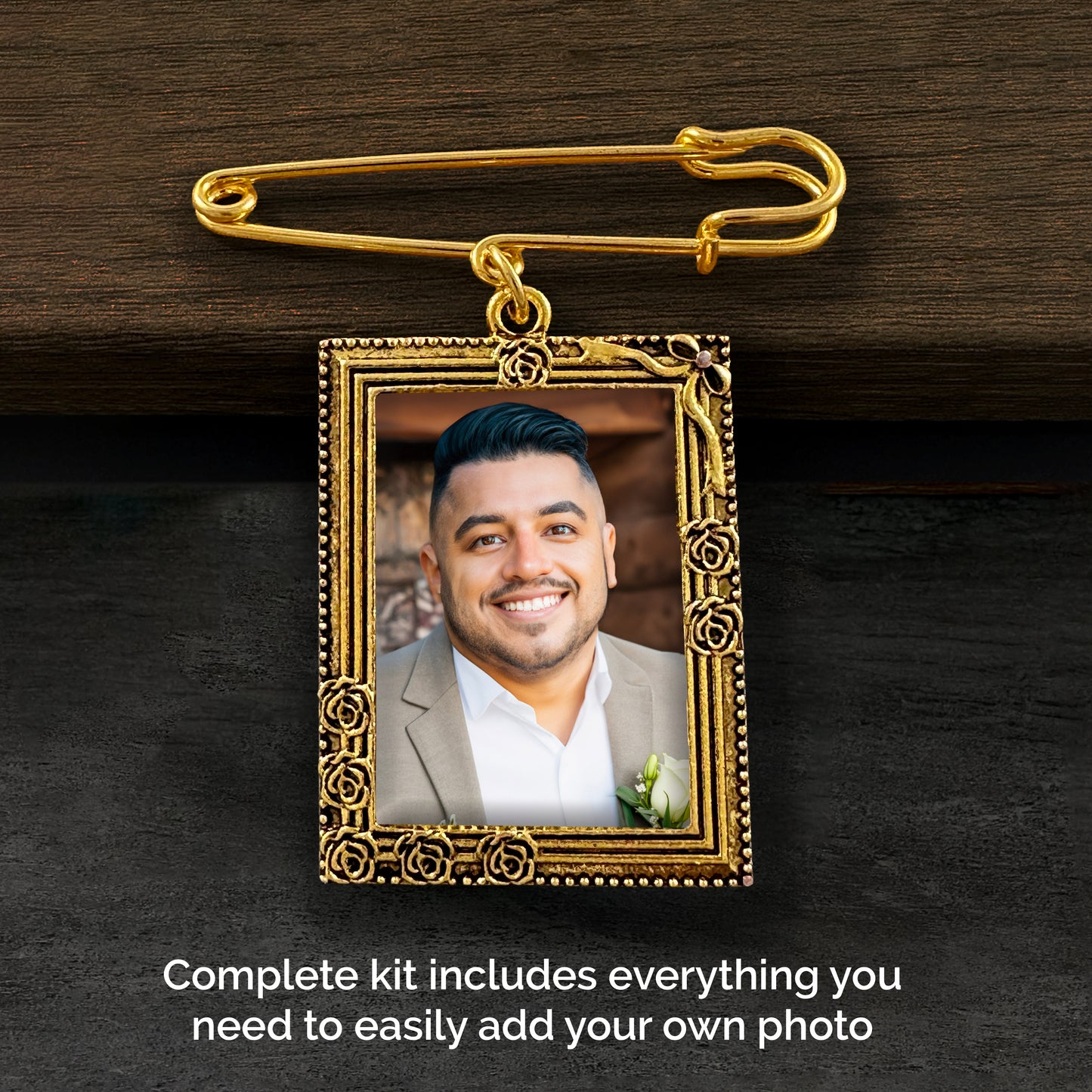 Gold frame with a photo of a man on a dark background