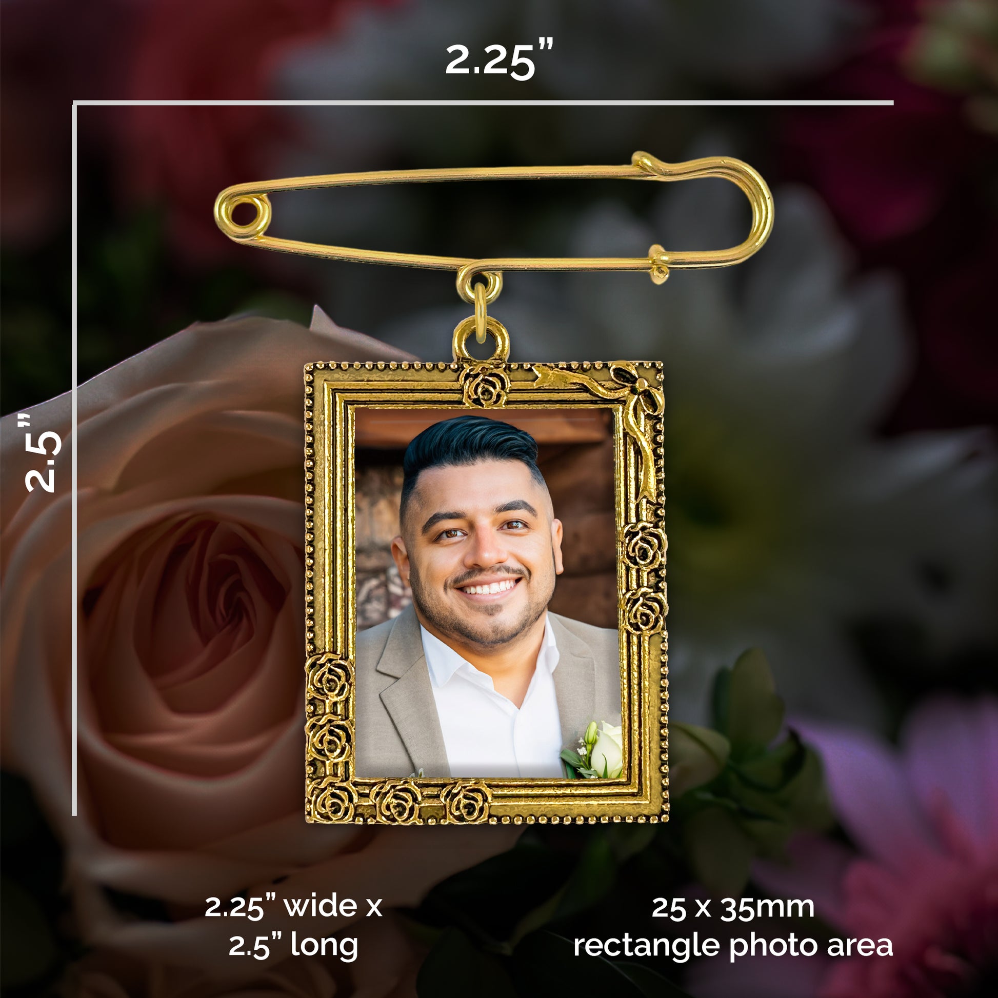 Gold-framed photo pendant with a rectangle photo area, shown with dimensions and floral background.