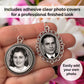 Set of 2 wedding bouquet photo charms for adding multiple pictures to your bouquet. Shown in hand to display the approximate 1" size with the bride's flowers as the background. Easily add your own photo. Includes clear photo covers.
