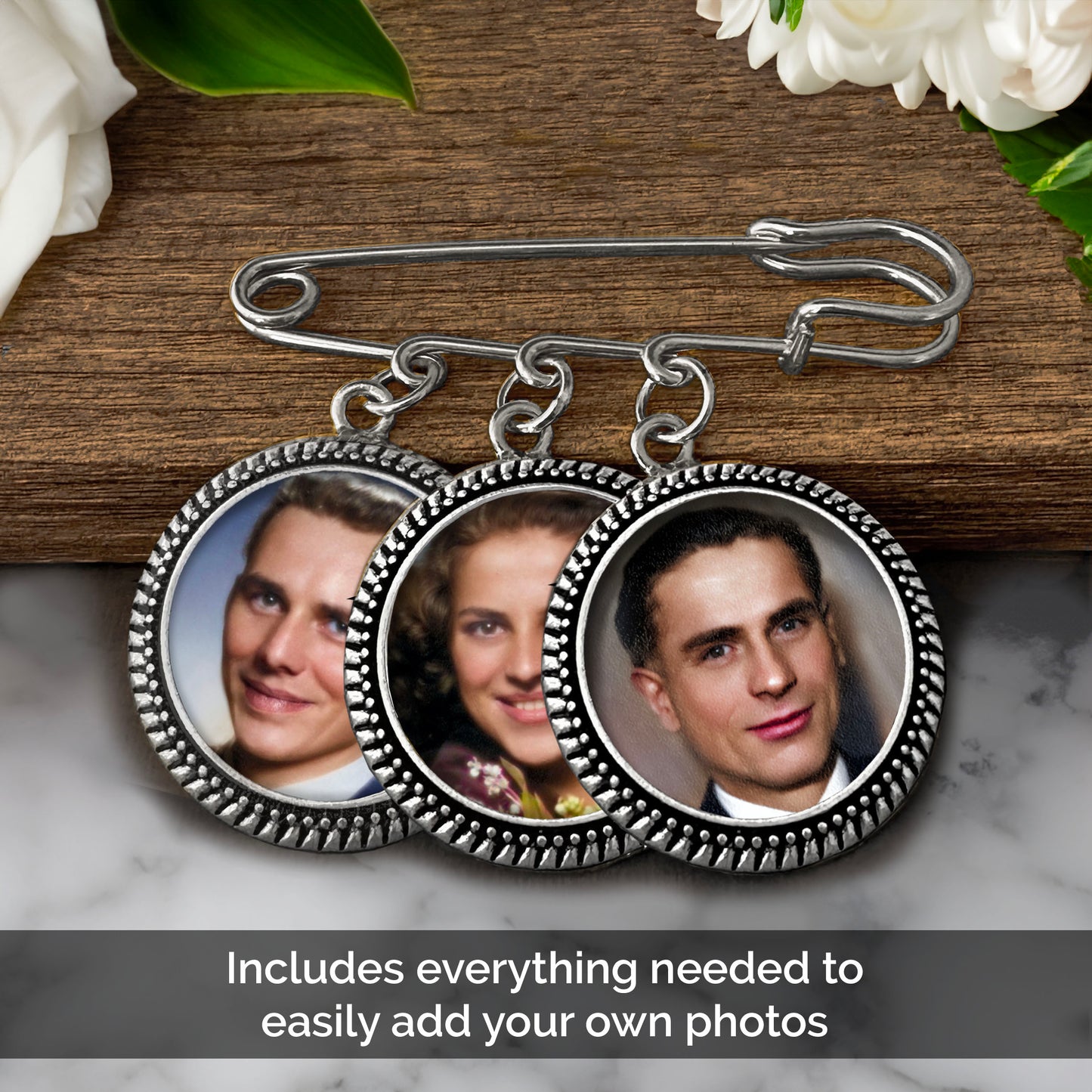 Photo brooch pin with 3 round photo charms shown on a wooden ledge with flowers. Text reads "includes everything needed to easily add your own photos".