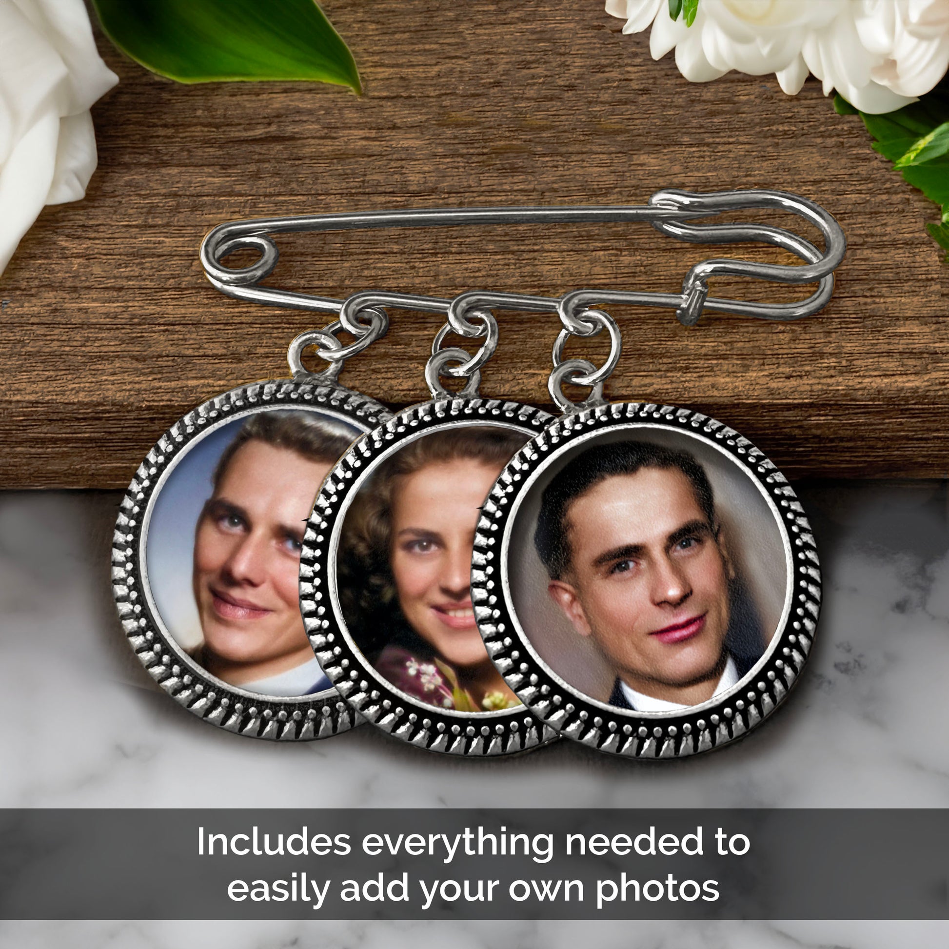 Photo brooch pin with 3 round photo charms shown on a wooden ledge with flowers. Text reads "includes everything needed to easily add your own photos".