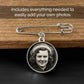 A double sided circle photo pin used for a wedding bouquet or boutonniere. It is shown on a wooden table with the text that reads Includes everything needed to easily add your own photos.