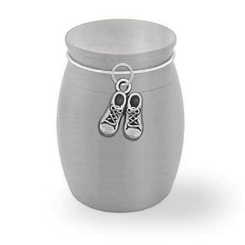 Small Mini Size Urn Baby Infant Loss Memorial Cremains Holder Container Jar Vial Brushed Stainless Steel Rememberance Sympathy Keepsake Miscarriage Stillborn Gift Cremation Funeral Baby Shoes Charm