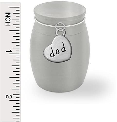 Mini Size Dad Heart Charm Memorial Cremains Holder Cremation Urn Jar Container Brushed Stainless Steel Keepsake 1 1/2" Tall