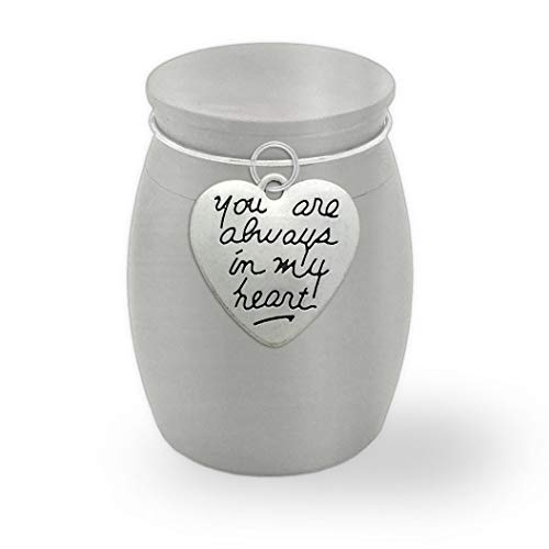 Small Memorial Cremains Urn Keepsake Holder Always in My Heart Container Jar Vial Brushed Stainless Steel Cremation Funeral