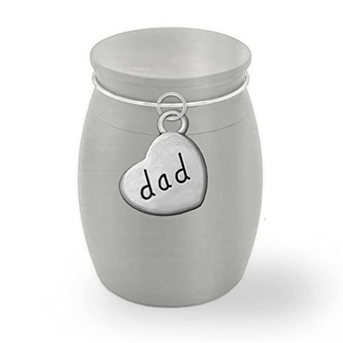 Mini Size Dad Heart Charm Memorial Cremains Holder Cremation Urn Jar Container Brushed Stainless Steel Keepsake 1 1/2" Tall