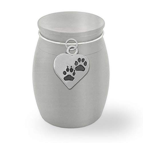 Small Mini Dog Pet Memorial Cremains Holder Paw Print Heart Container Jar Vial Brushed Stainless Steel Cremation Funeral Urn