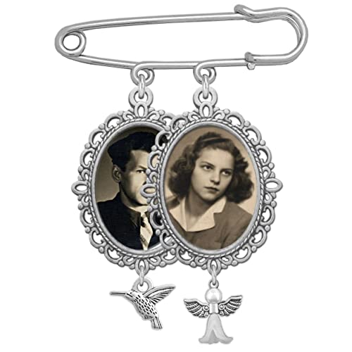 Wedding Boutonniere Bouquet Charm Double Frame Photo Pin Guardian Angel and Hummingbird Charms