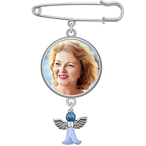 Something Blue for Bride Memorial Bouquet Photo Charm Pin for Wedding Flowers with Guardian Angel Charm and Photo Resizer