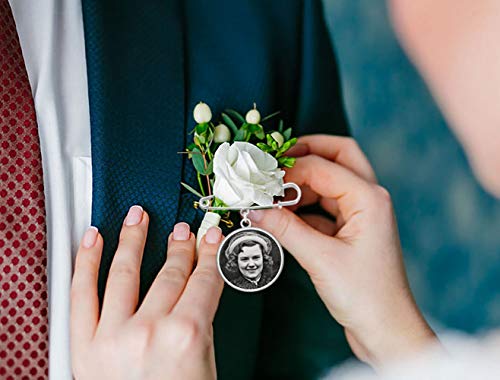 Wedding Boutonniere Bouquet Charm Pin Double Sided Round Photo Charm Mother of The Bride Gift for Groom