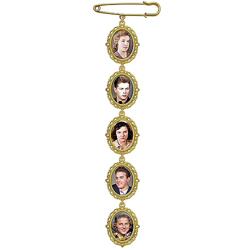 Gold Wedding Bouquet Photo Charm Pin for Bride's Flowers Memorial Long Cascading Holds 5 Photos