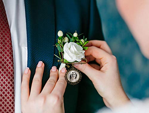 Wedding Boutonniere Bronze Gold Bouquet Photo Memorial Charm Pin Round Gift for Groom or Bride