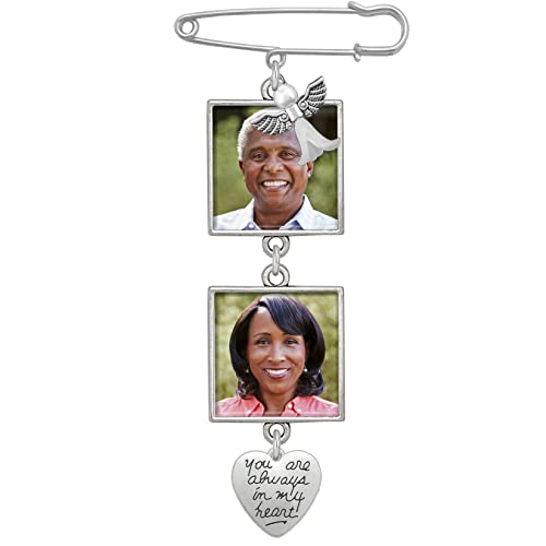 Memorial Photo Pin for Bride's Wedding Bouquet for Loss of Loved One Remembrance with 2 Square Photos Always in my Heart Charm and Guardian Angel Charm
