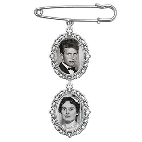 Wedding Bouquet Photo Charm Pin Cascading Double Oval Frame for Bride's Flowers or Boutonniere