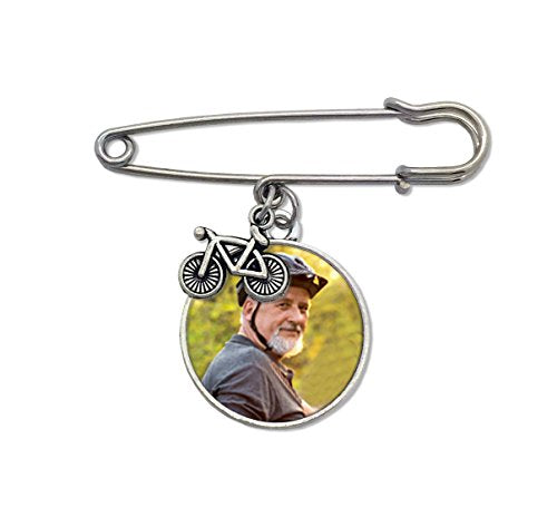 Double Sided Photo Memorial Pin for Weddings Boutonniere or Bouquet with Bicycle Charm