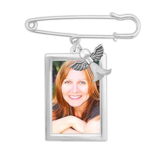 Wedding Bouquet Photo Slide-in Charm Silver Plated Rectangle Double Sided with Guardian Angel
