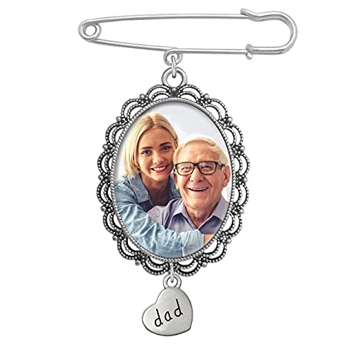 Dad Memorial Wedding Bouquet Photo Charm Pin with Large Lacy Oval