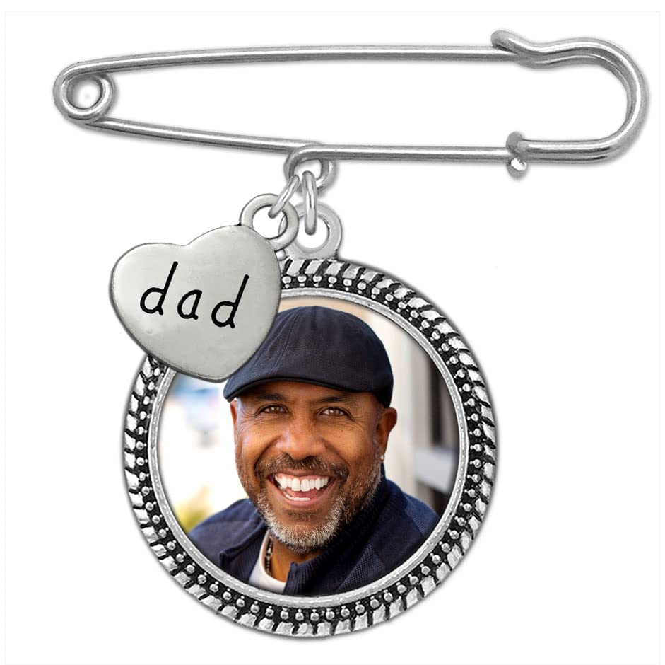Dad Memorial Wedding Photo Bouquet Charm Pin for Bride's Flowers Remembrance Gift for Groom Boutonniere with Heart Charm